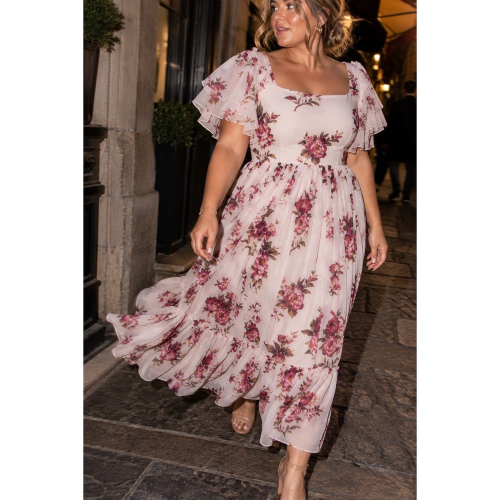 JessaKae Isabela Floral Butterfly Flutter Sleeve Tiered Maxi Dress Blush 5X